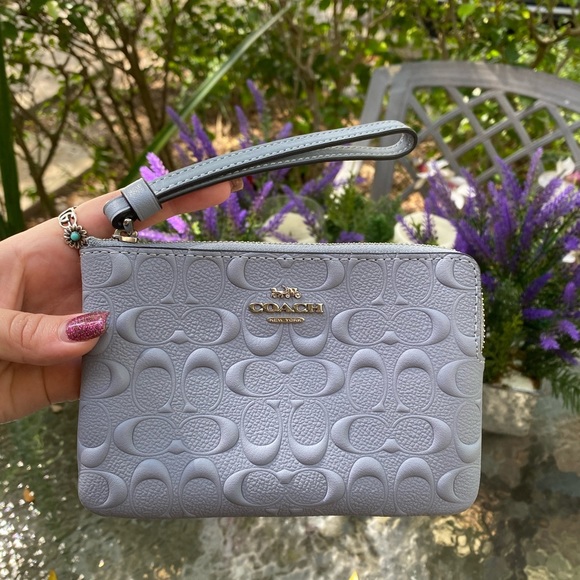 Coach Light Blue Embossed Logo Zippered Wristlet - Picture 12 of 16